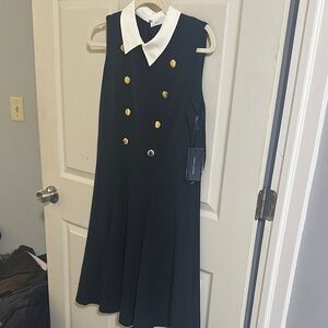 Tommy Hilfiger Blue and White A-Line Dress with Notched Collar